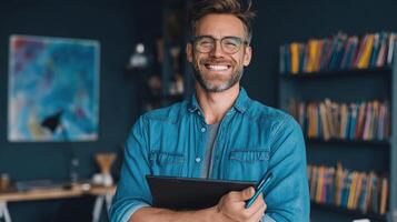 A smiling man holding a tablet in front of a book shelf photo