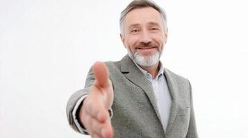 A man with a beard and suit is giving a thumbs up photo