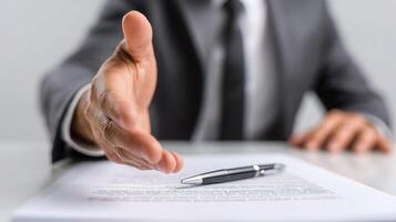 A man in a suit is holding a pen and signing a document photo