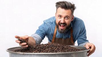 A man with an apron and beard is holding a bucket of coffee beans photo
