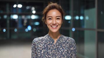 A woman smiling in front of a city building photo