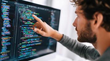 A man pointing at a computer screen with code on it photo