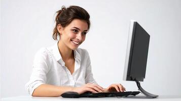 A woman is smiling while using a computer photo