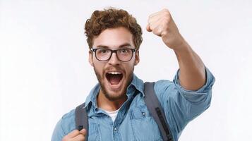 A man with glasses and a backpack is raising his fist photo