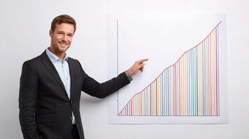 A man in a suit pointing at a graph on a white board photo