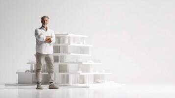 A man standing in front of a model house photo