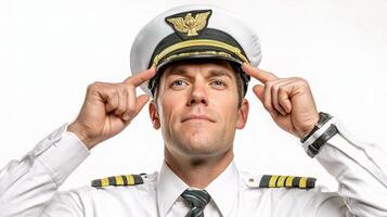 A man in a pilot's uniform is adjusting his hat photo