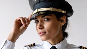 A woman in a pilot uniform is adjusting her hat photo