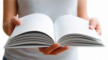 A person holding an open book with their hands photo
