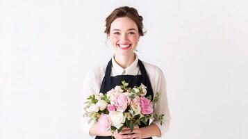 A woman in an apron holding a bouquet photo