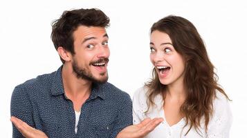 A man and woman are laughing and making faces photo