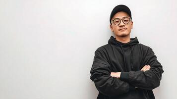 A man in glasses and a black hoodie photo