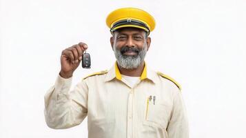 An indian man in a uniform holding a car key photo