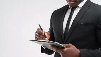 A man in a suit and tie is writing on a notepad photo