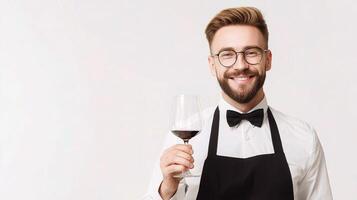 A man in a black apron holding a glass of wine photo