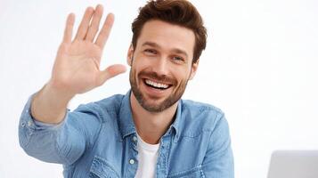 A man is waving his hand in front of his laptop photo