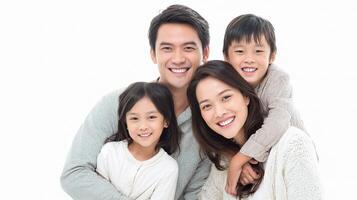 A family posing for a photo on a white background