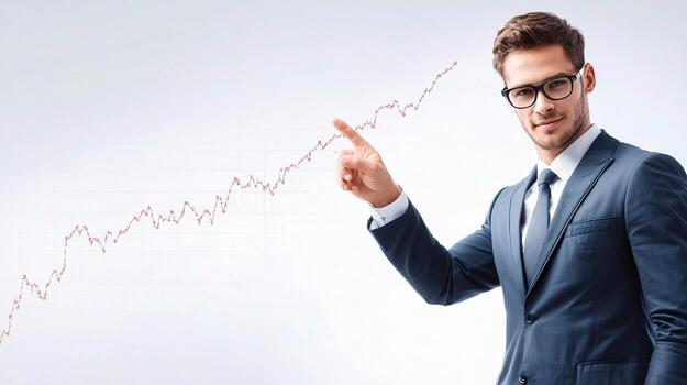 A man in a suit pointing at a chart photo