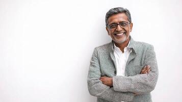 An indian man with glasses and a gray jacket standing in front of a white wall photo
