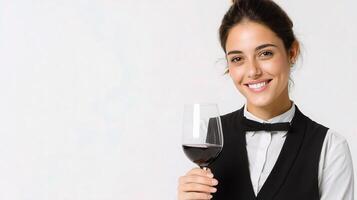 A woman in a black apron holding a glass of wine photo