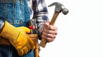 A man in overalls holding a hammer and other tools photo