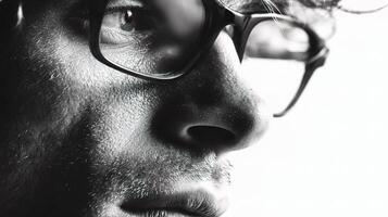 A man with glasses and a beard looks away from the camera photo