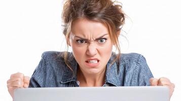 A woman is looking at a laptop screen with an angry expression photo