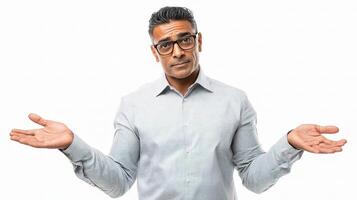 A man with glasses and a shirt is holding his hands out photo