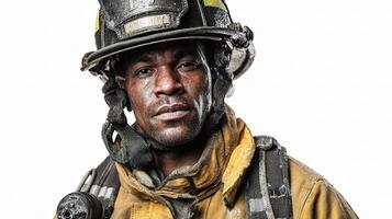 A firefighter wearing a helmet and holding a hose photo