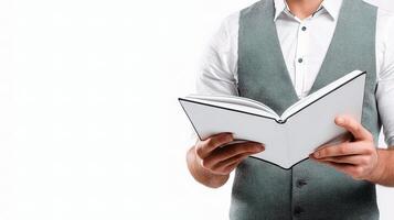 A man in a vest holding an open book photo