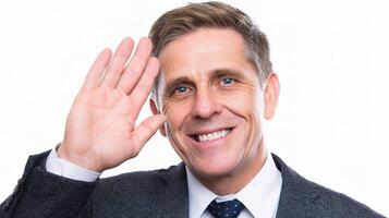 A man in a suit and tie is making a hand gesture photo