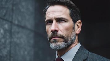 A man with a beard and a suit looking off to the side photo