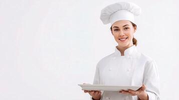 A woman in a chef's uniform holding a plate photo