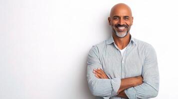 A bald man with a beard and a shirt photo