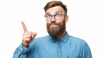 A man with a beard and glasses is pointing at something photo