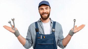 A man with a beard and overalls holding two wrenches photo
