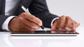 A man in a suit is writing on a tablet photo