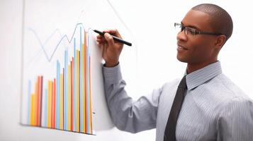 A man in a shirt and tie is writing on a whiteboard photo