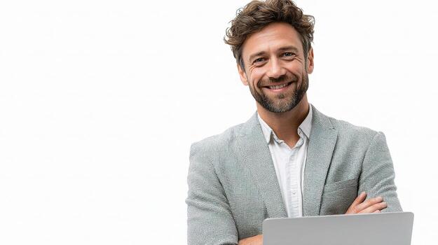 A man in a suit is smiling while holding a laptop photo