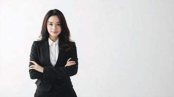 Asian business woman in black suit and tie standing with arms crossed photo