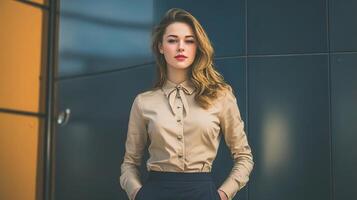 A woman in a business suit standing in front of a building photo