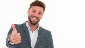 A man in a suit is giving the thumbs up photo