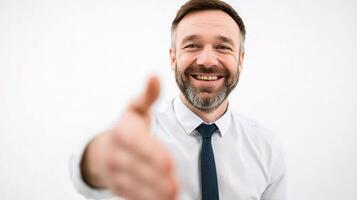 A man with a beard and tie is giving a thumbs up photo