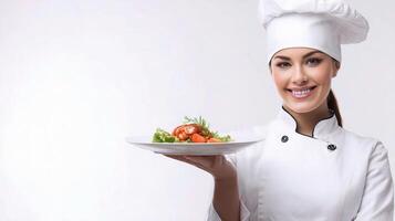 A woman in a chef hat holding a plate with food photo