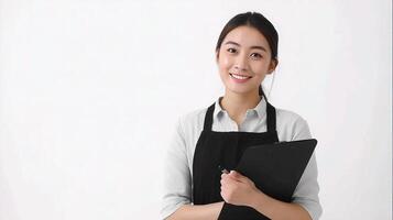 A young woman in an apron holding a clipboard photo