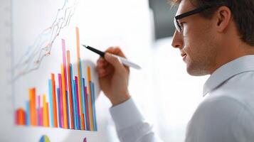 A man in glasses writing on a whiteboard with graphs photo