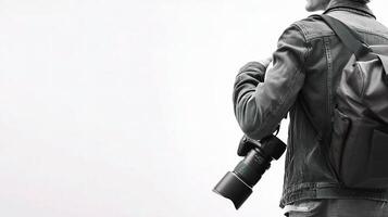 A man with a backpack and camera photo
