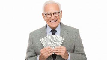 An older man in a suit and tie holding up money photo