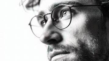 A man with glasses and a beard looking to the side photo