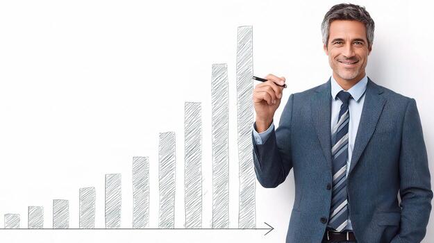 A man in a suit and tie is pointing to a chart photo